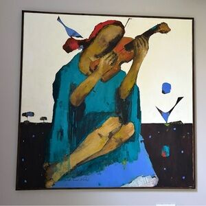 Expressive Violinist Painting in Blue and Red